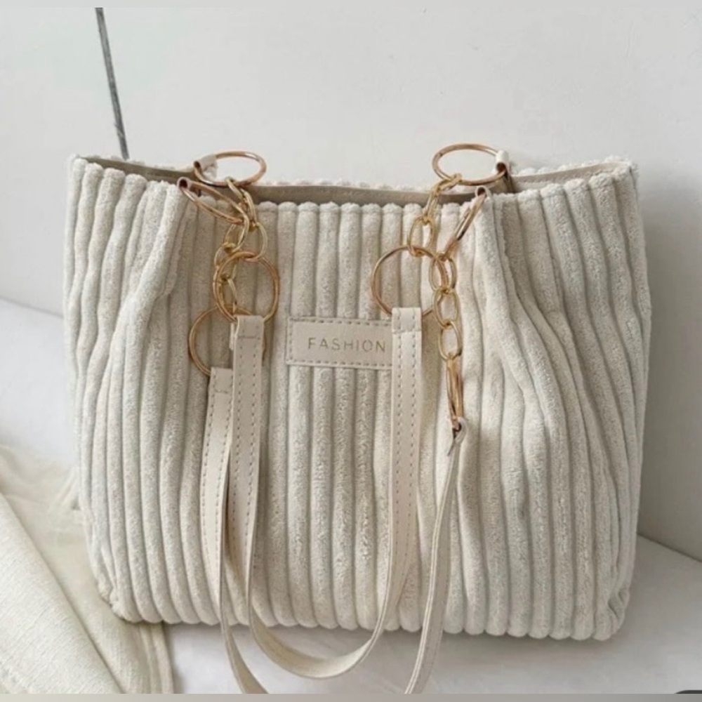 NWT Soft Corduroy/Terry Cloth Textured Cream Women's Tote/ Shoulder Bag 13 X 11
